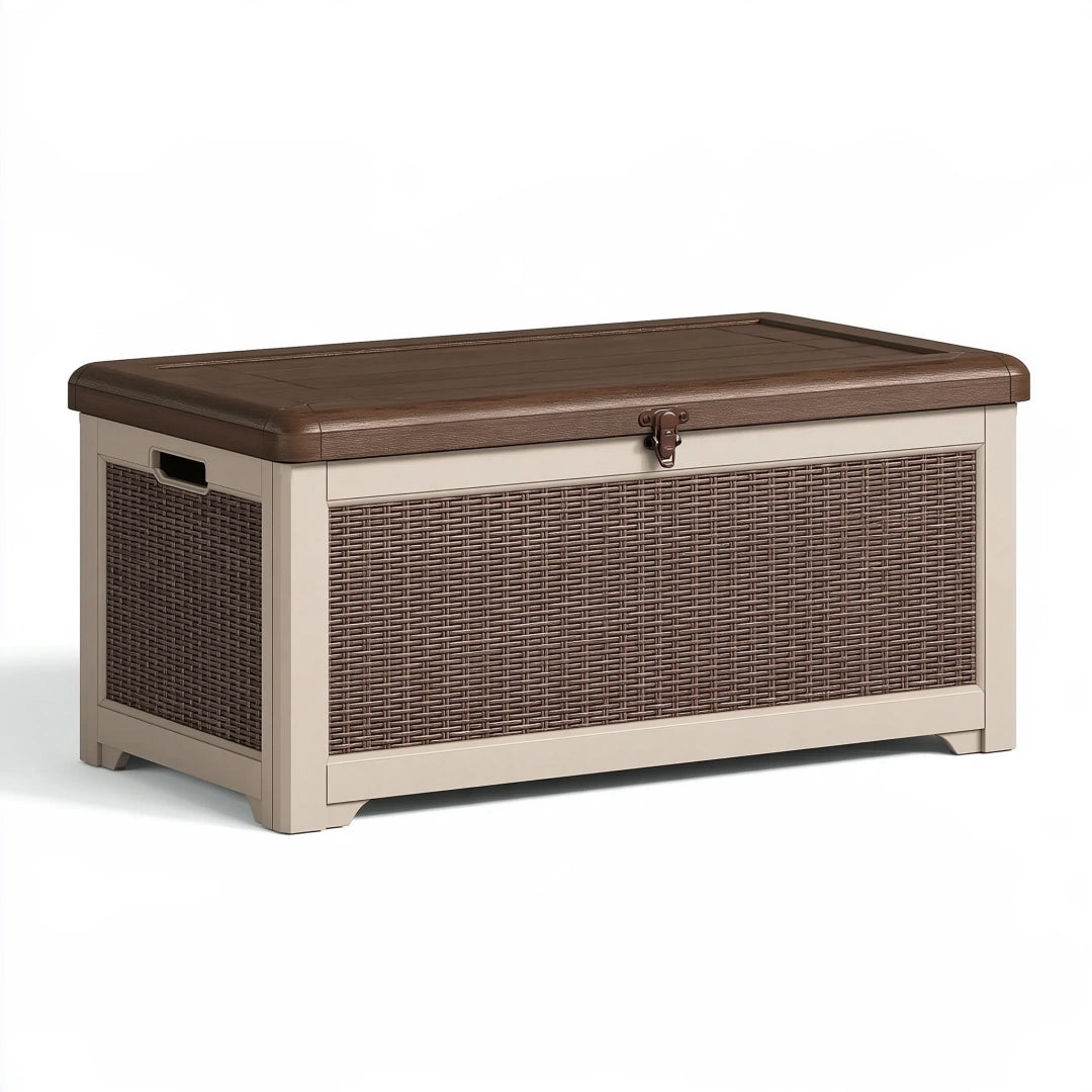 Aufbewahrungstruhe 100 x 45 x 50 cm Holzwerkstoff Kunststoffgeflecht Braun Beige mit Klappdeckel Landhausstil