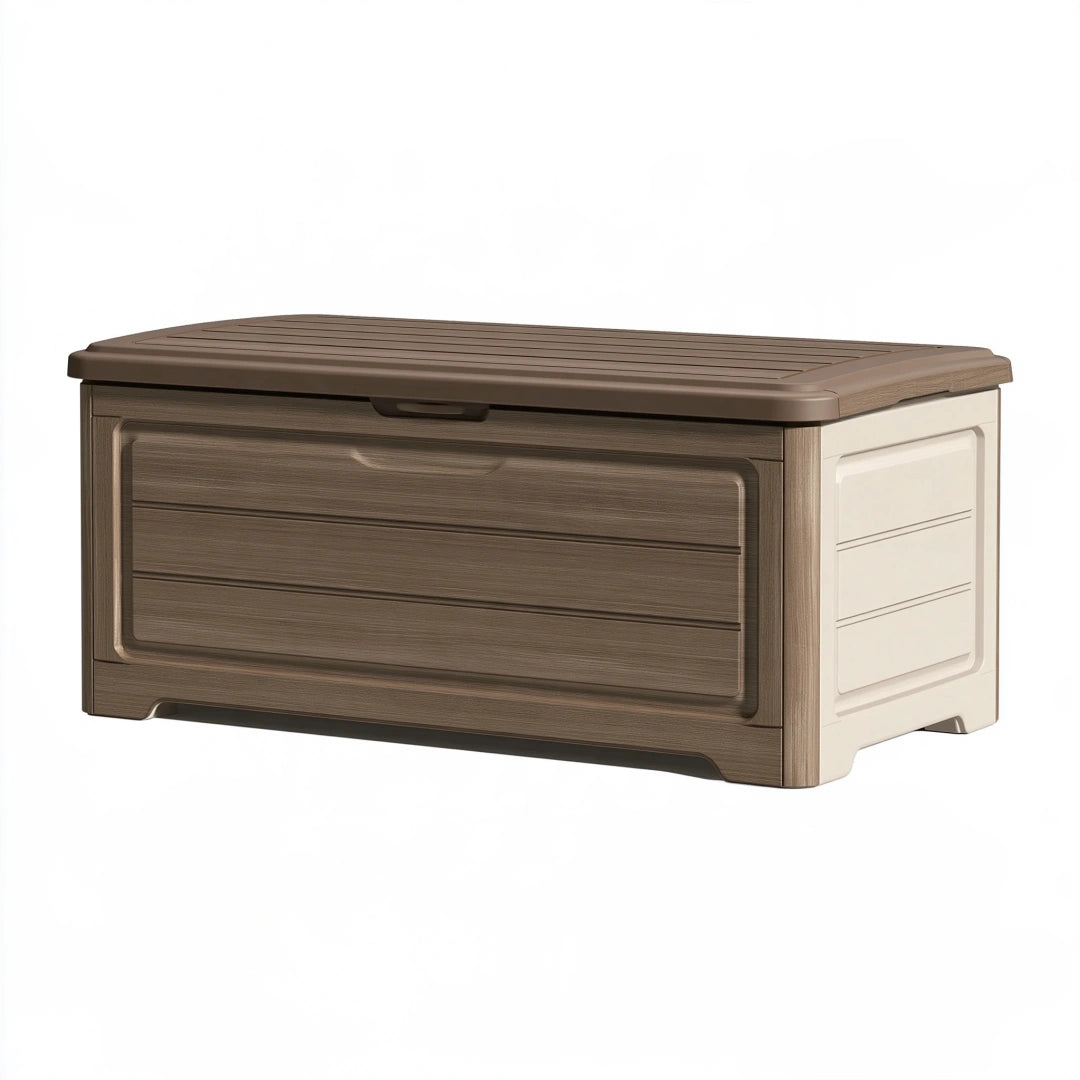 Gartentruhe 120 x 56 x 63 cm Kunststoff Braun/Beige in Holzoptik mit Klappdeckel