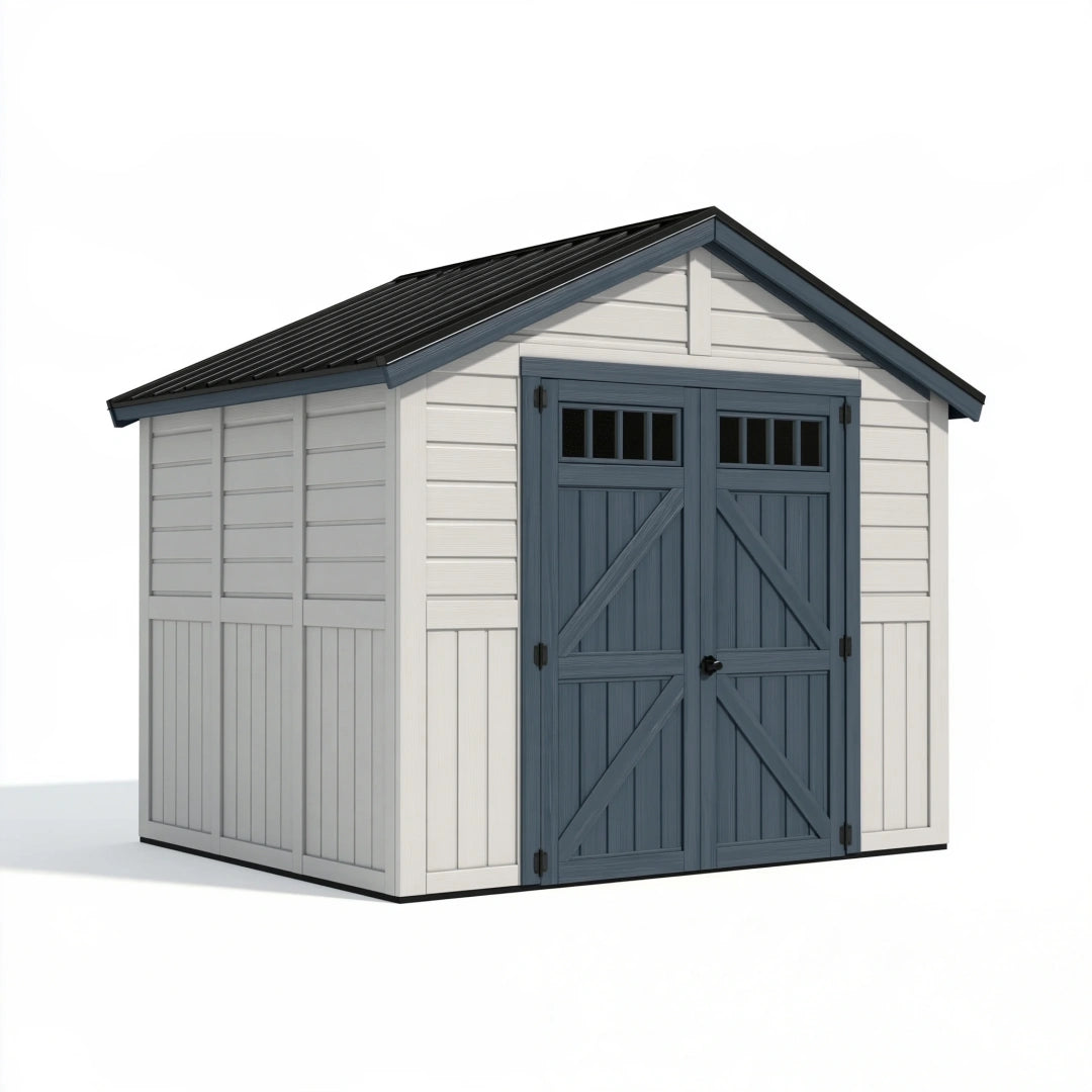 Gartenhaus 240 x 180 x 220 cm aus Kunstharz Weiß/Anthrazit mit Doppeltür und Satteldach