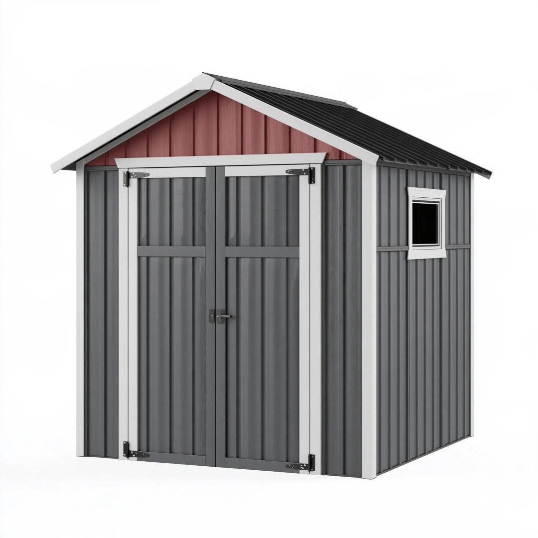 Gartengerätehaus 180x120x200 cm aus Metall Grau Rot mit Doppeltür und Fenster