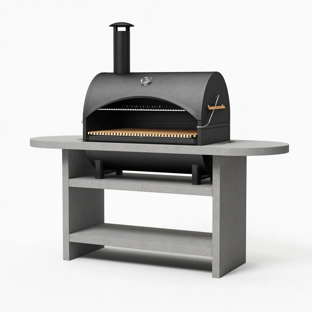 Pizzaofen 160 x 90 x 165 cm aus Metall und Stein in Schwarz Grau mit Untergestell für den Außenbereich