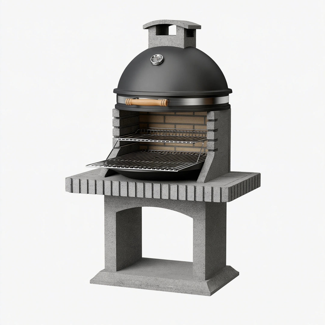 Grillkamin 110 x 75 x 190 cm Beton Stahl Schwarz mit Deckelhaube