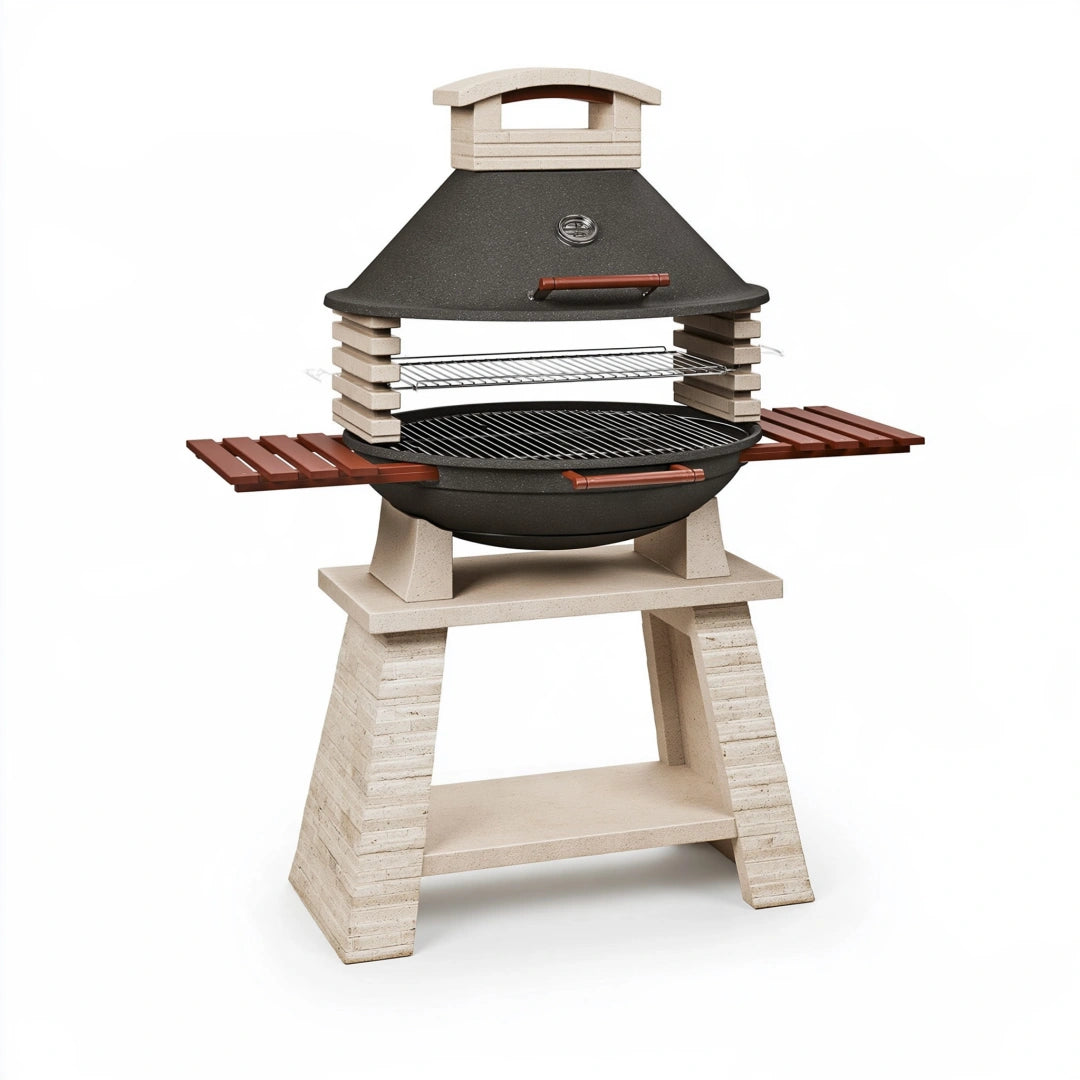 Grillkamin 120 x 70 x 190 cm aus Metall Stein und Holz mit Haube