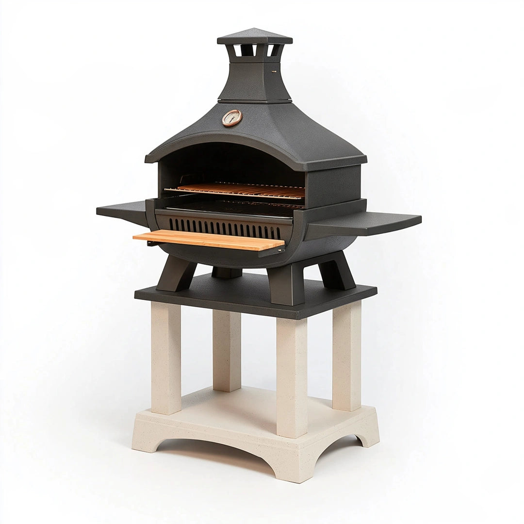 Gartenkamin 100 x 70 x 185 cm aus Stahl Schwarz mit Grillrost Thermometer und Seitenablagen