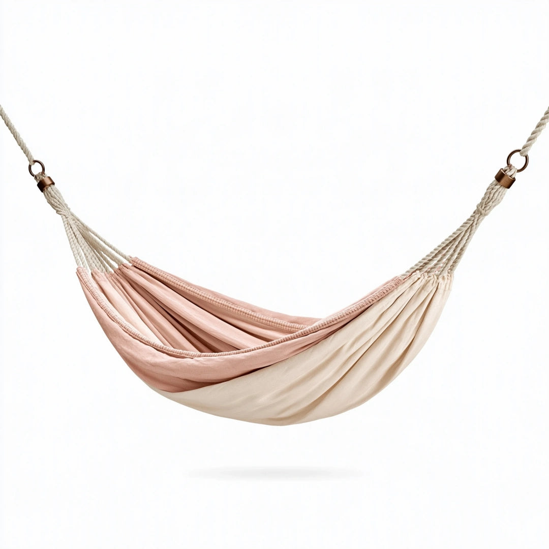 Hängematte 270 x 150 cm aus Baumwollstoff in Rosa Creme - geflochtene Aufhängung für Garten und Balkon