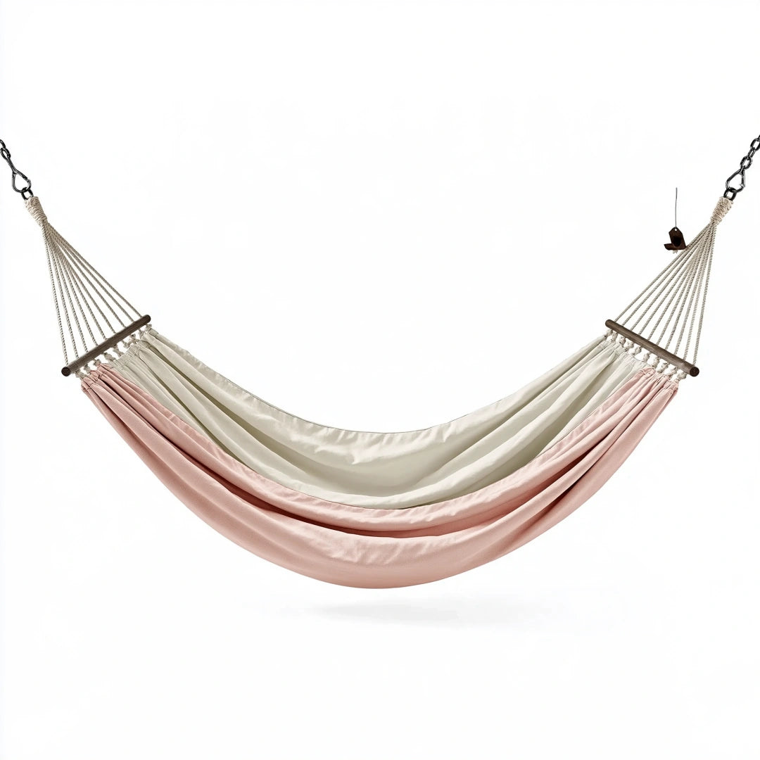 Hängematte 200 x 140 cm aus Textil in Rosa und Creme mit Holzspreizstäben