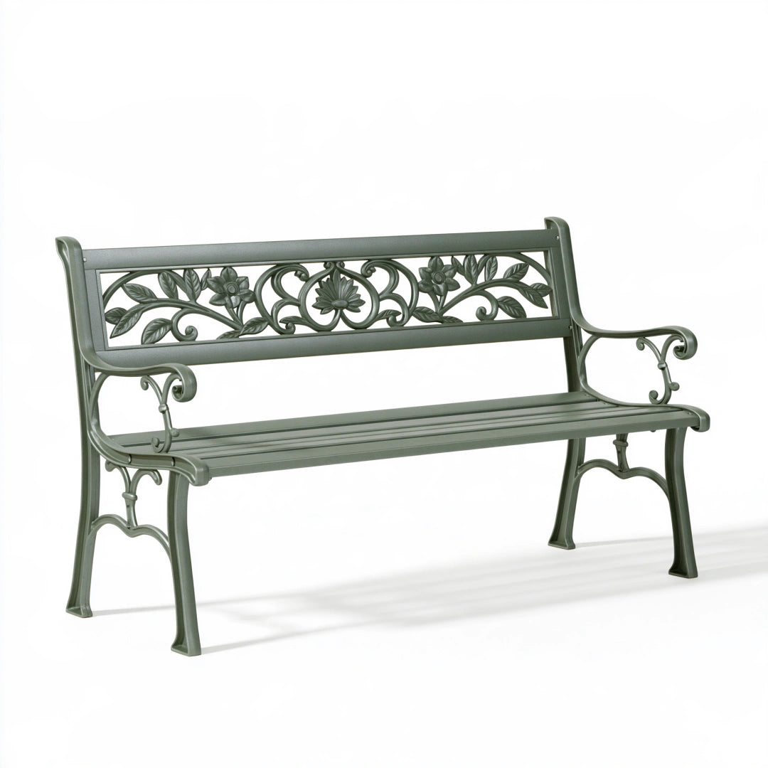 Gartenbank 150 x 60 x 85 cm Metall Grün mit floralem Dekor