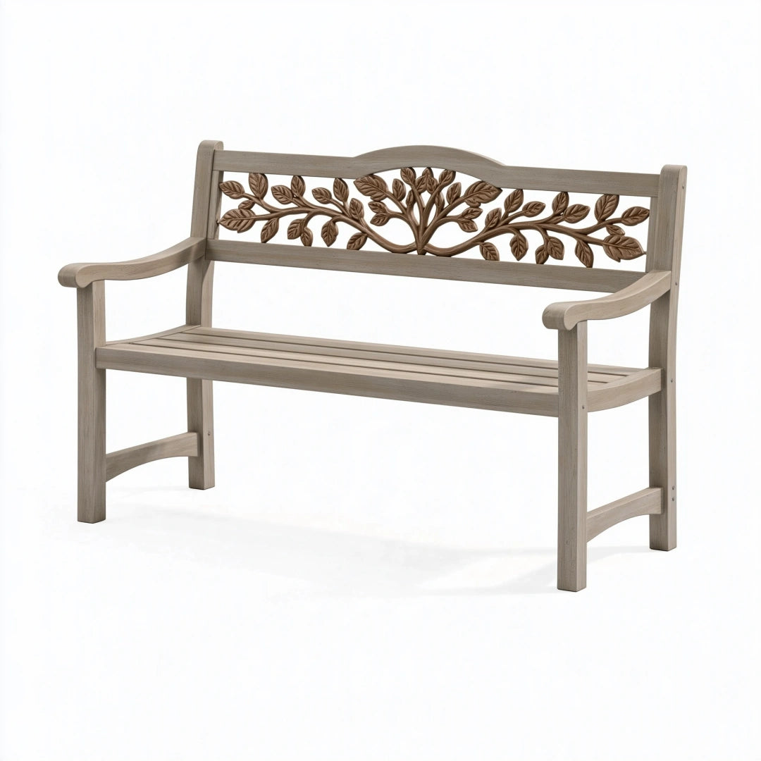 Gartenbank 122 cm Kunststoff Holzoptik Taupe für Außenbereich mit Blattrelief