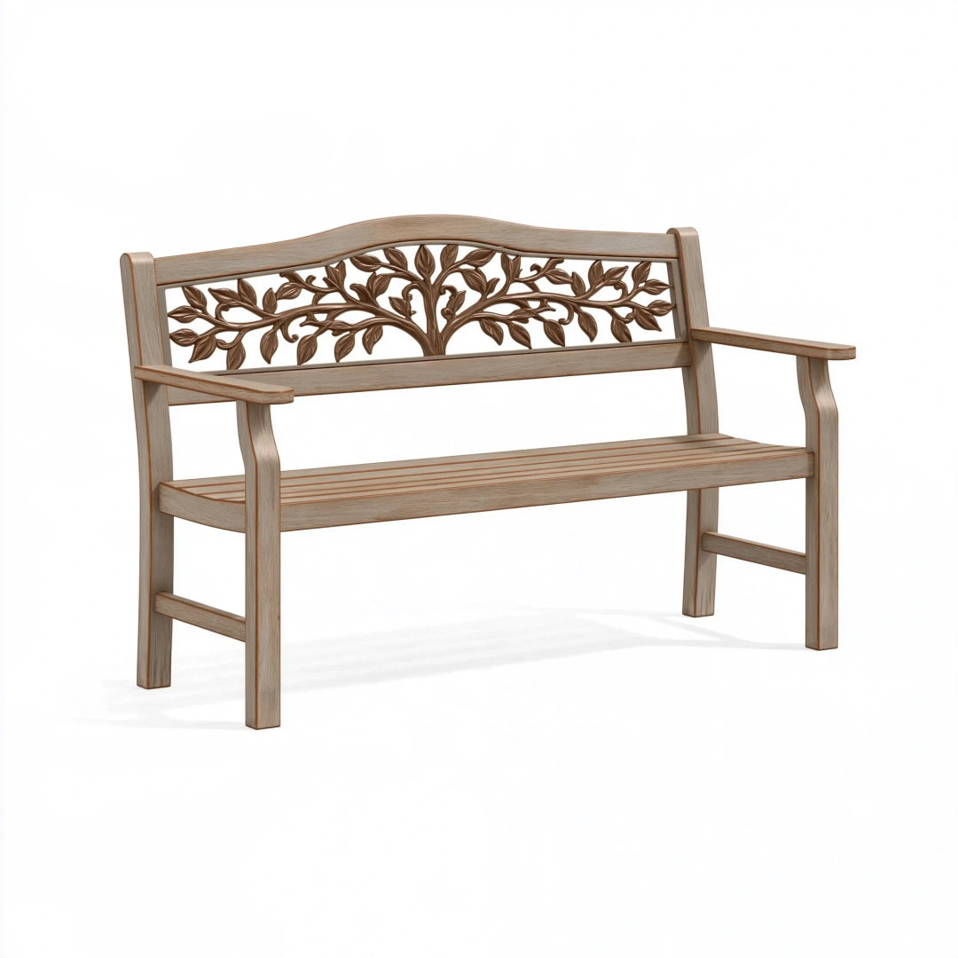 Gartenbank 120 x 60 x 90 cm Holz Naturbraun mit Blätterdekor