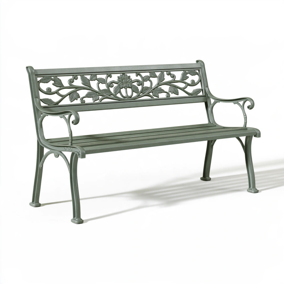 Gartenbank 122 cm Metall Grau mit floraler Rückenlehne für Außenbereich